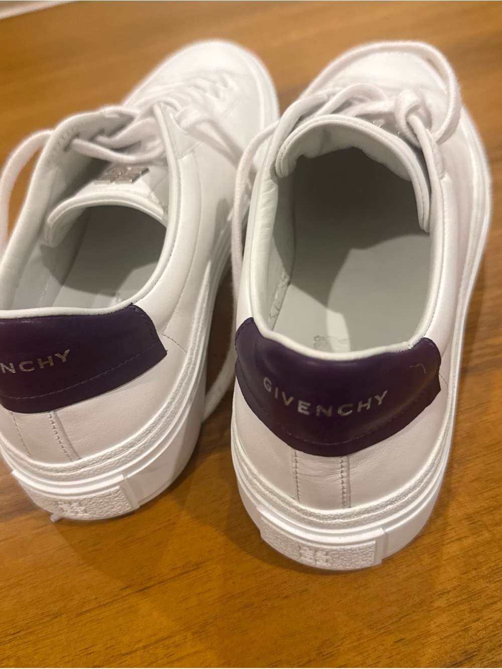 Givenchy White Leather Low-Top Sneakers with Purple Heel Accent